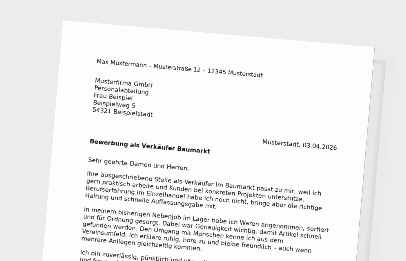 Verkäufer im Baumarkt: Anschreiben ohne Erfahrung