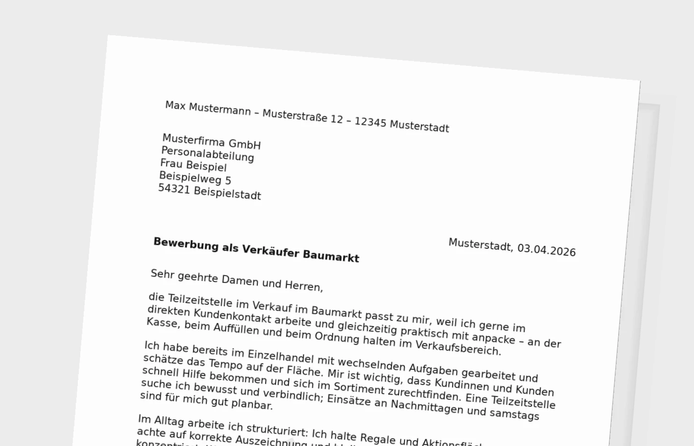 Vorschaubild zu Anschreiben als Verkäufer im Baumarkt (Teilzeit)