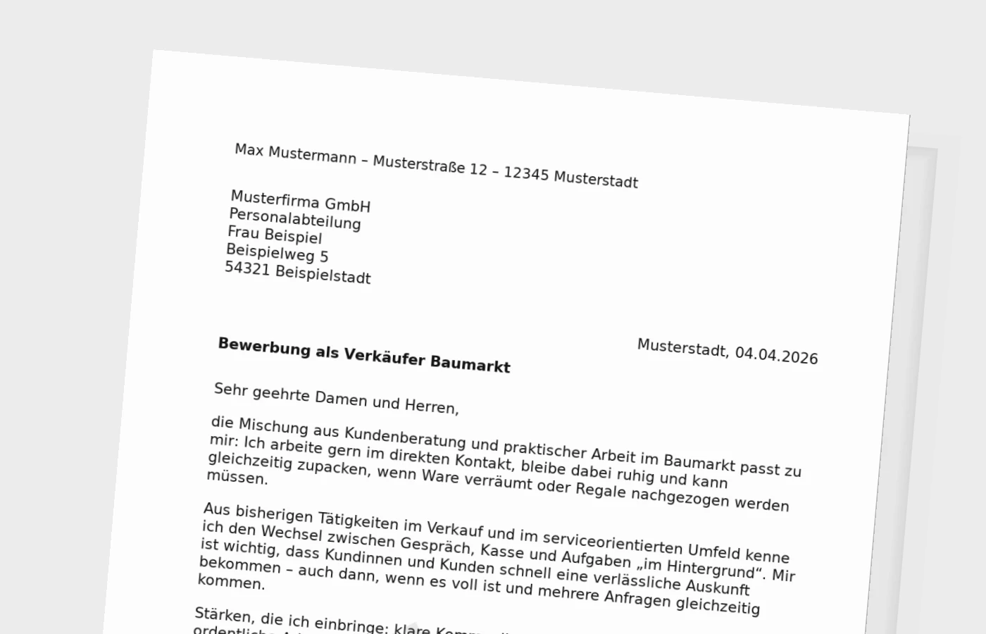 Anschreiben als Verkäufer im Baumarkt – Standard