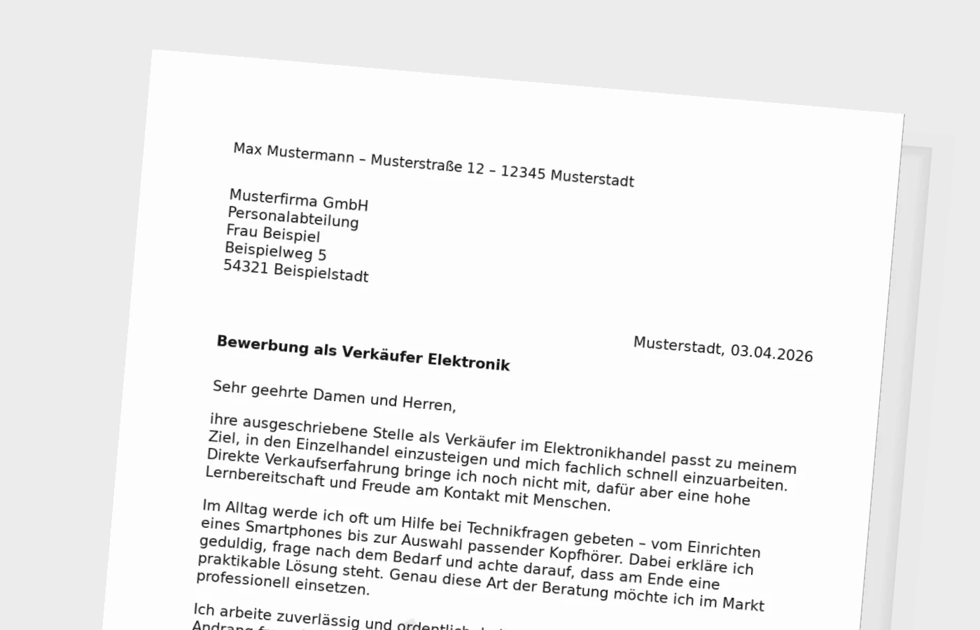 Anschreiben als Verkäufer im Elektronikhandel – ohne Erfahrung
