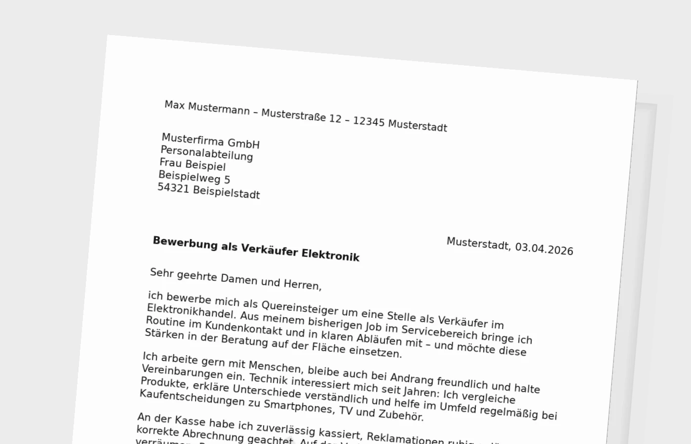 Bewerbungsanschreiben: Verkäufer im Elektronikhandel (Quereinsteiger)