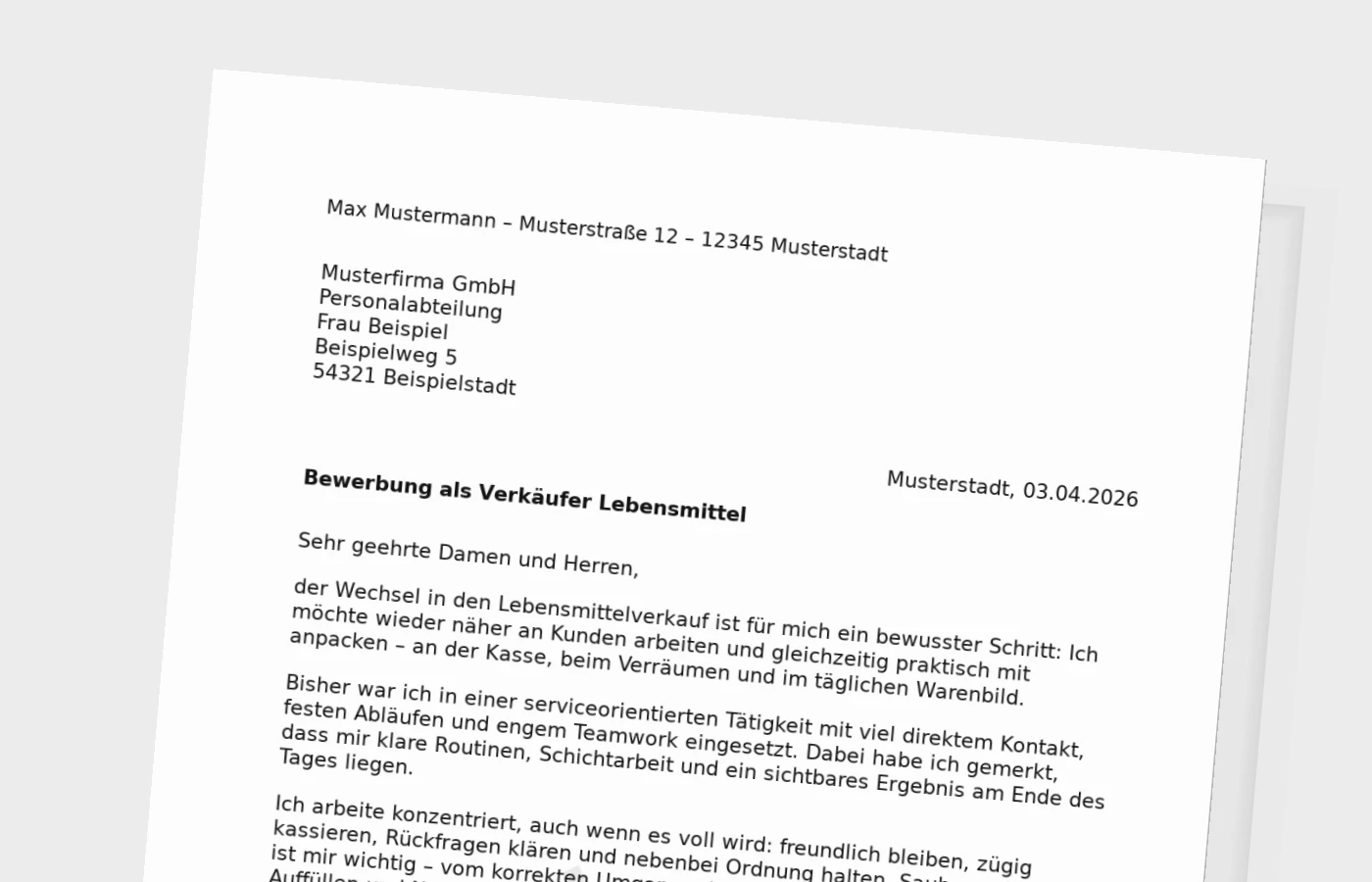 Anschreiben als Verkäufer im Lebensmittelbereich (Quereinstieg)