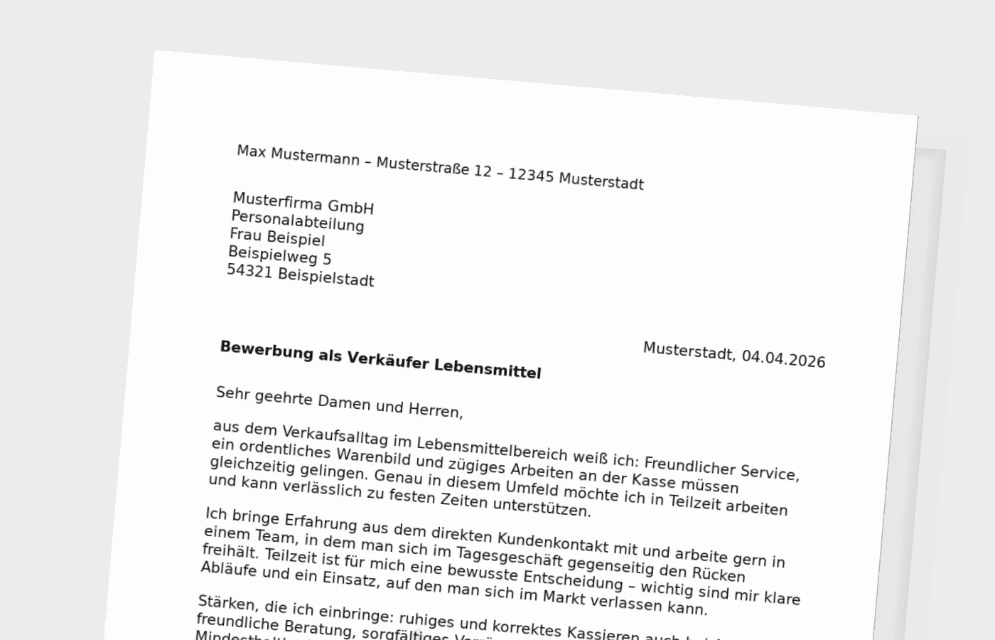 Anschreiben als Verkäufer im Lebensmittelbereich (Teilzeit)