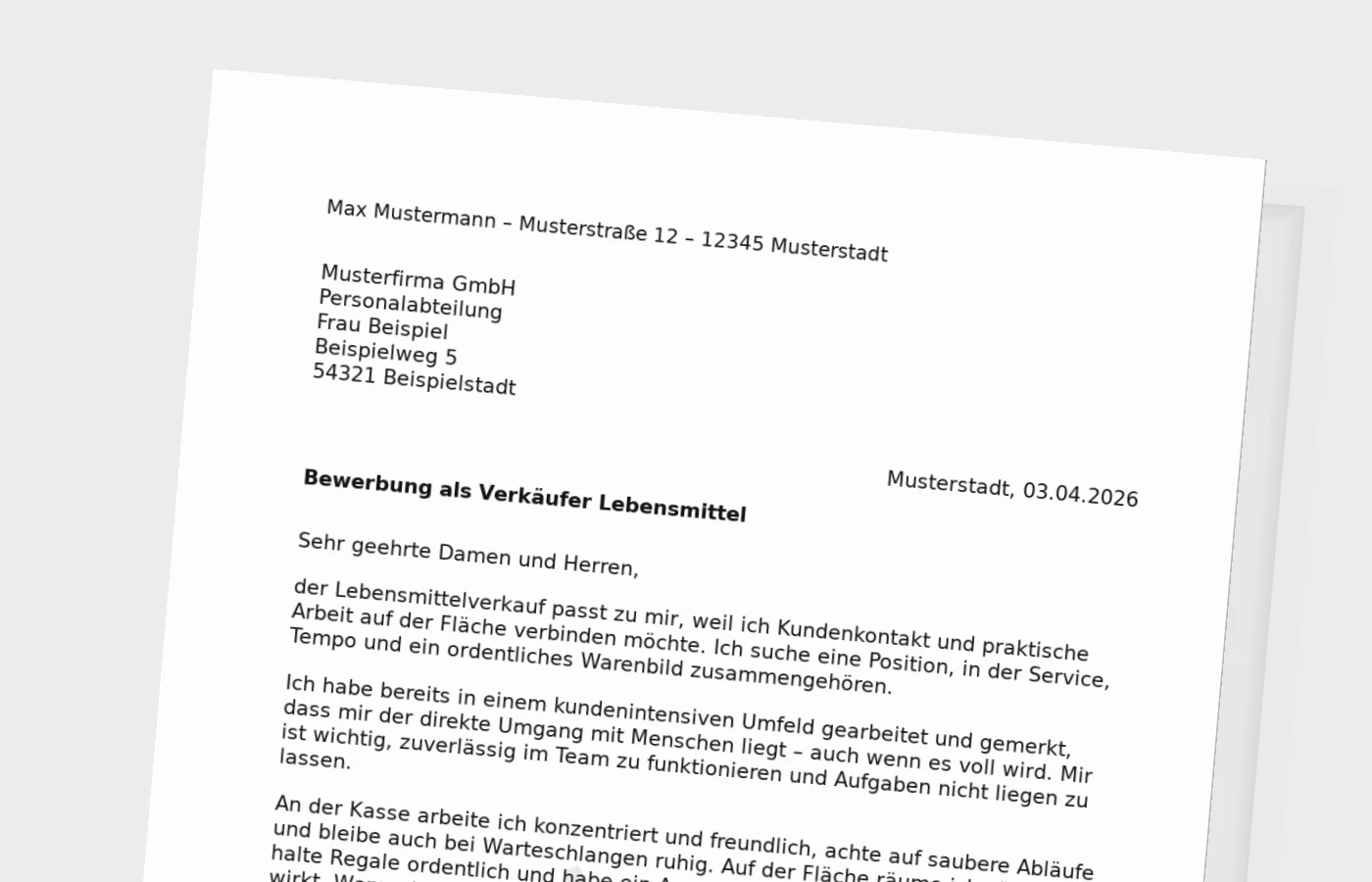 Anschreiben als Verkäufer im Lebensmittelbereich