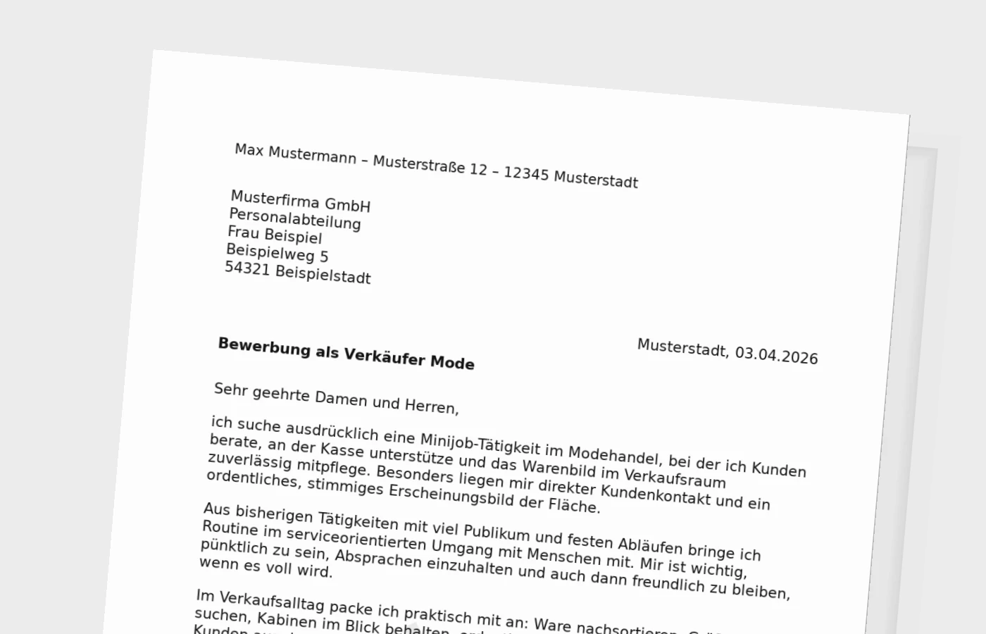 Vorschaubild zu Anschreiben als Verkäufer im Modehandel (Minijob)