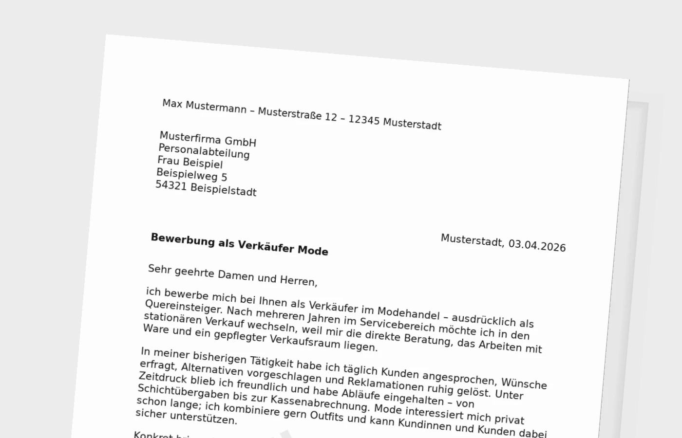 Bewerbungsanschreiben als Verkäufer im Modehandel (Quereinsteiger)