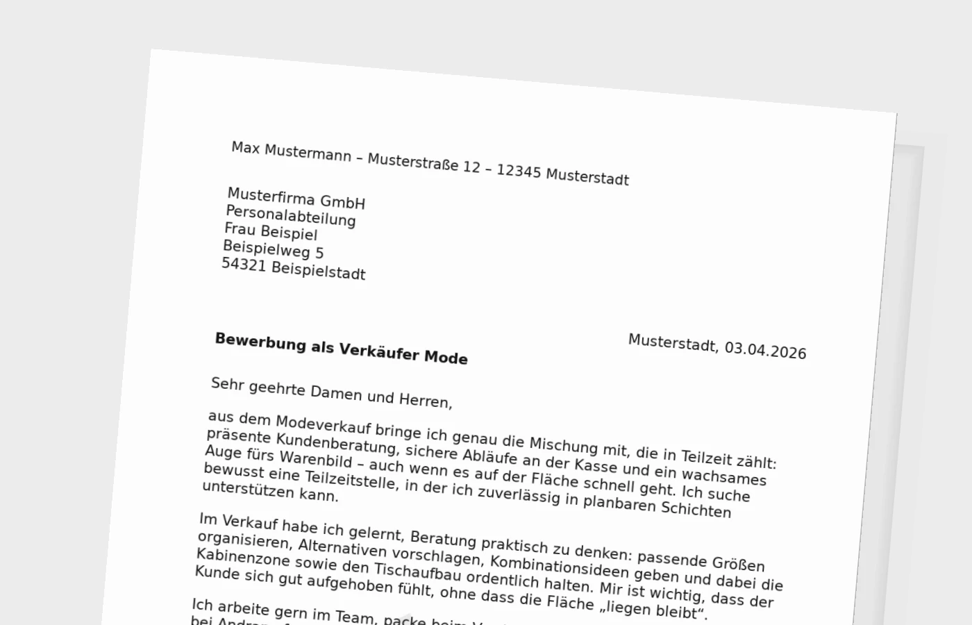 Vorschaubild zu Anschreiben als Verkäufer im Modehandel (Teilzeit)