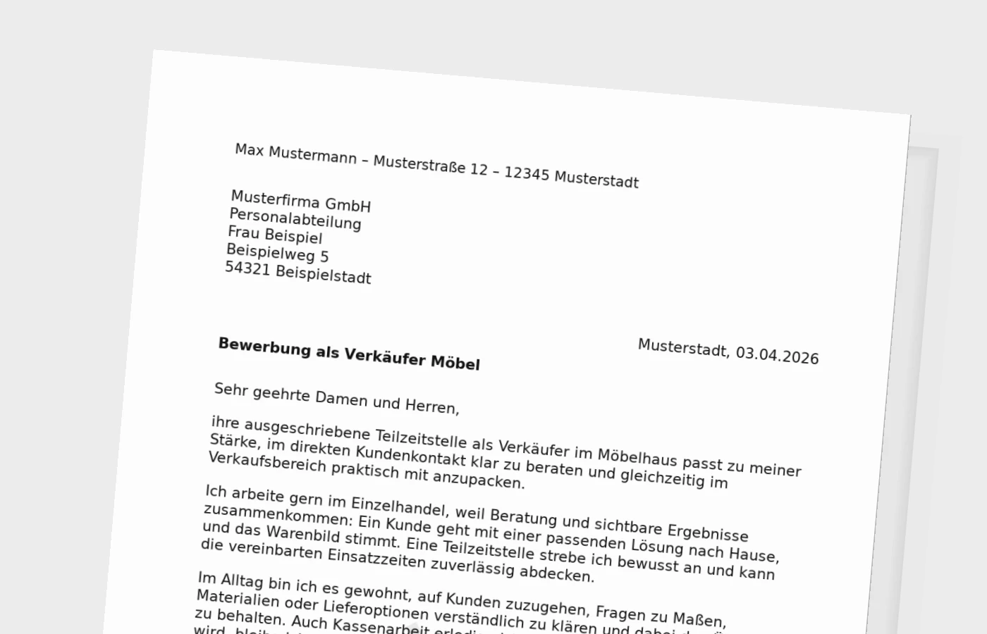 Vorschaubild zu Anschreiben als Verkäufer im Möbelhaus (Teilzeit)