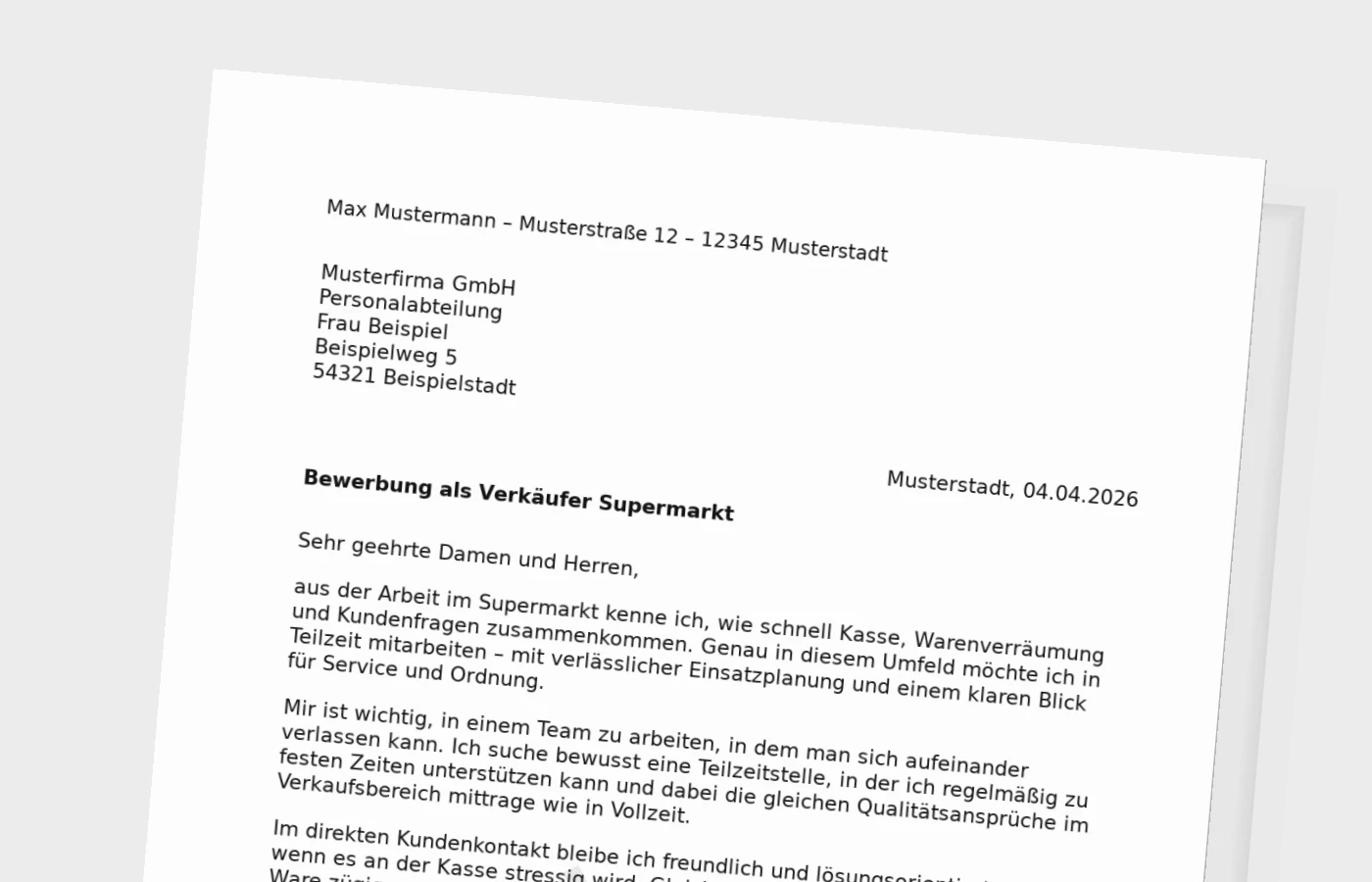 Anschreiben als Verkäufer im Supermarkt (Teilzeit)