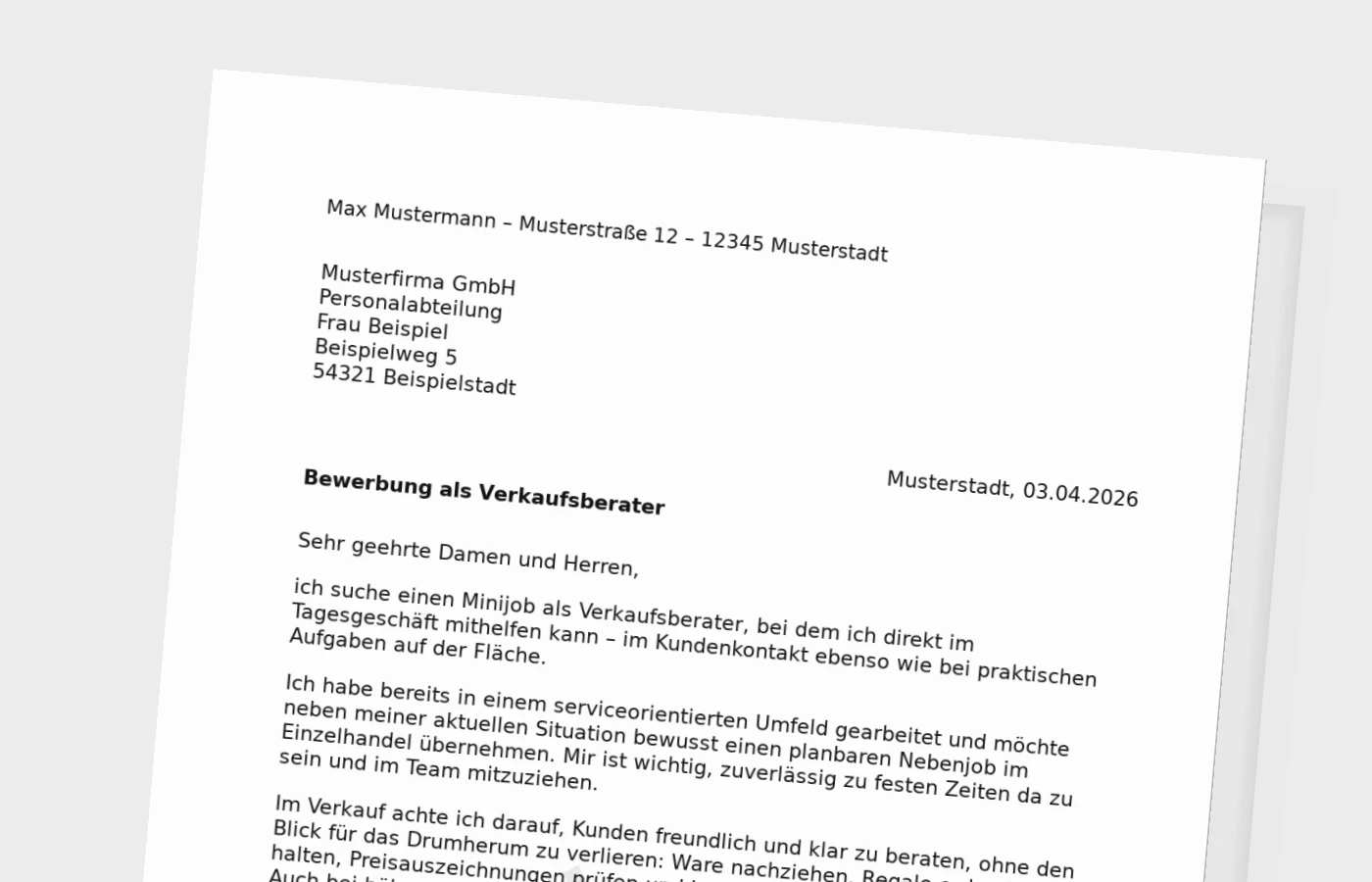 Anschreiben als Verkaufsberater im Minijob