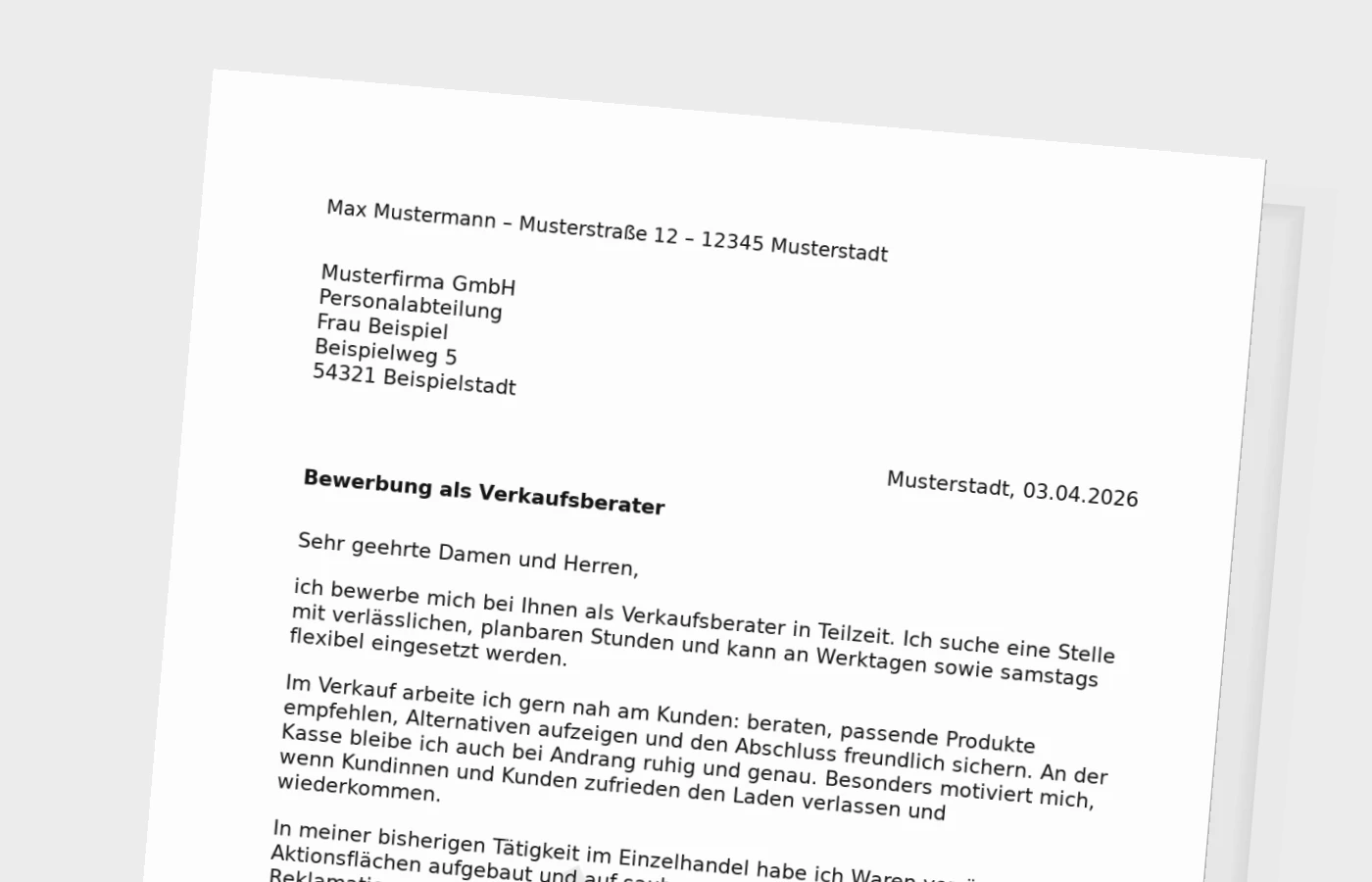 Bewerbungsanschreiben als Verkaufsberater (Teilzeit)