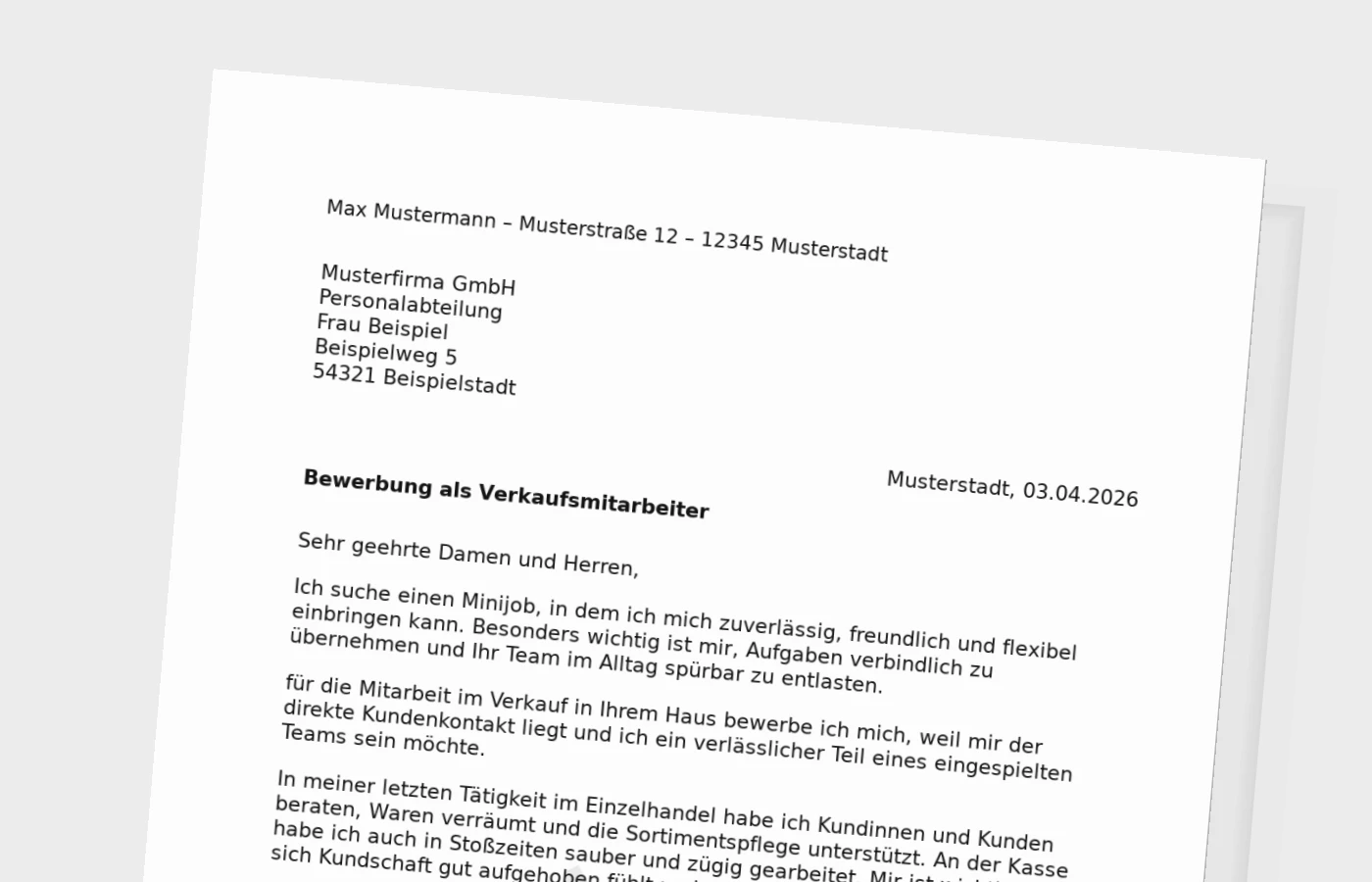 Bewerbungsanschreiben Verkaufsmitarbeiter für Minijob