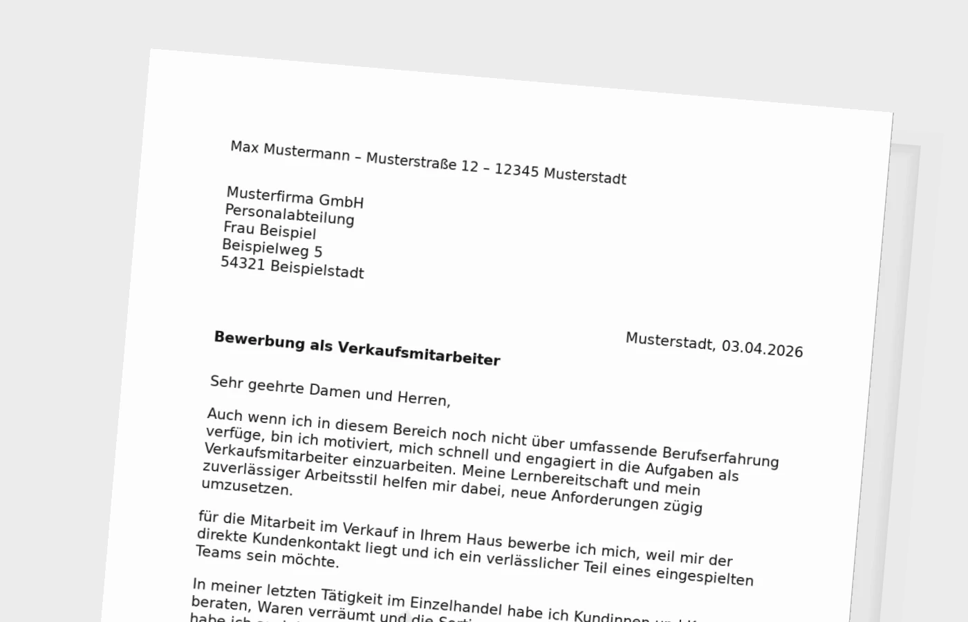 Bewerbungsanschreiben Verkaufsmitarbeiter ohne Erfahrung