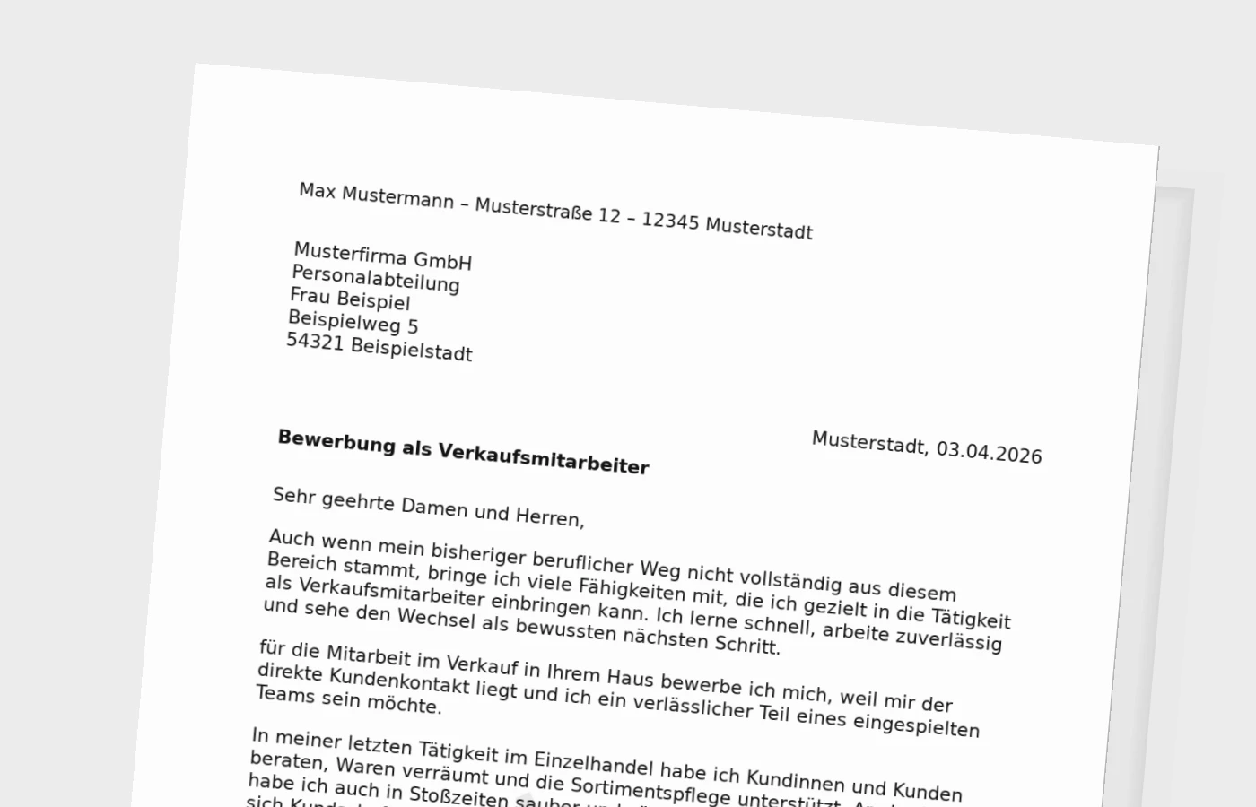 Bewerbungsanschreiben Verkaufsmitarbeiter für Quereinsteiger