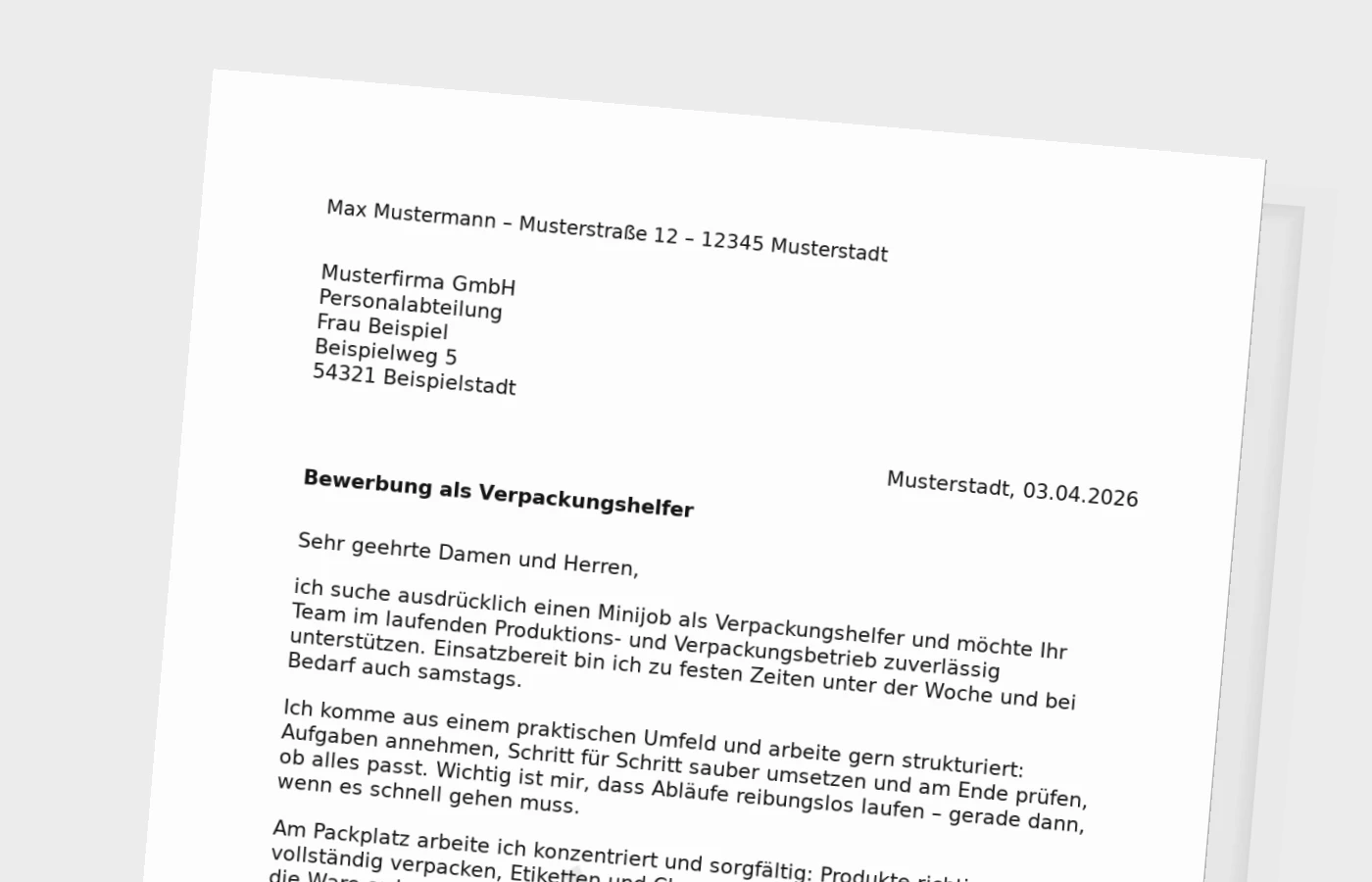Vorschaubild zu Anschreiben als Verpackungshelfer (Minijob)