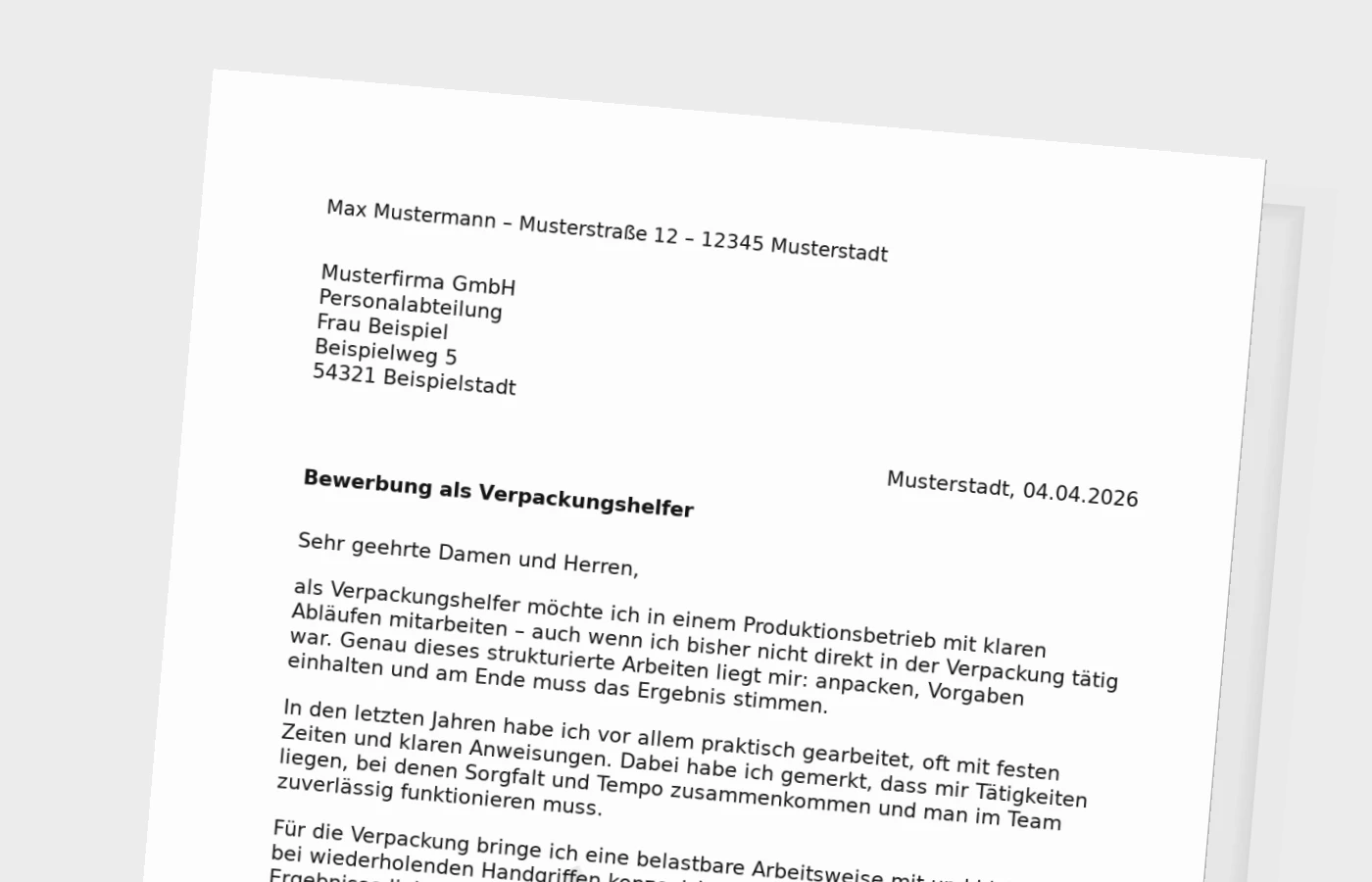 Anschreiben als Verpackungshelfer ohne Erfahrung