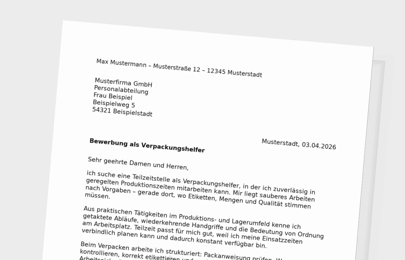 Vorschaubild zu Anschreiben als Verpackungshelfer in Teilzeit