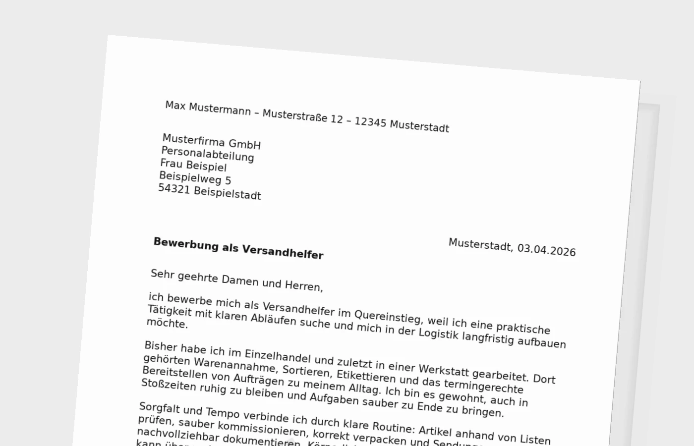 Bewerbungsanschreiben als Versandhelfer (Quereinsteiger)