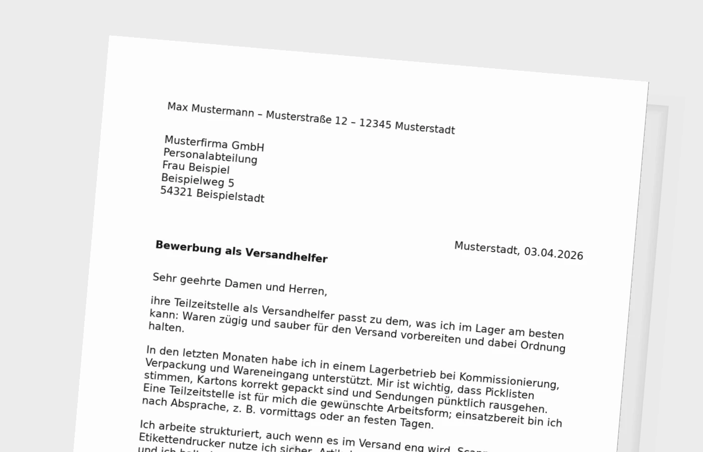 Anschreiben als Versandhelfer in Teilzeit