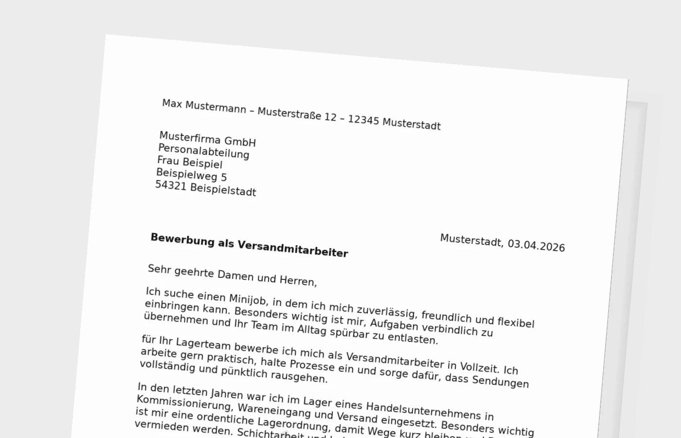 Bewerbungsanschreiben Versandmitarbeiter für Minijob