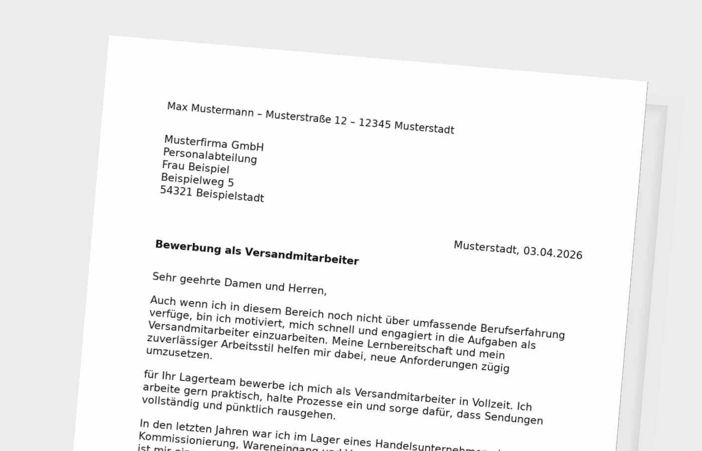 Bewerbungsanschreiben Versandmitarbeiter ohne Erfahrung