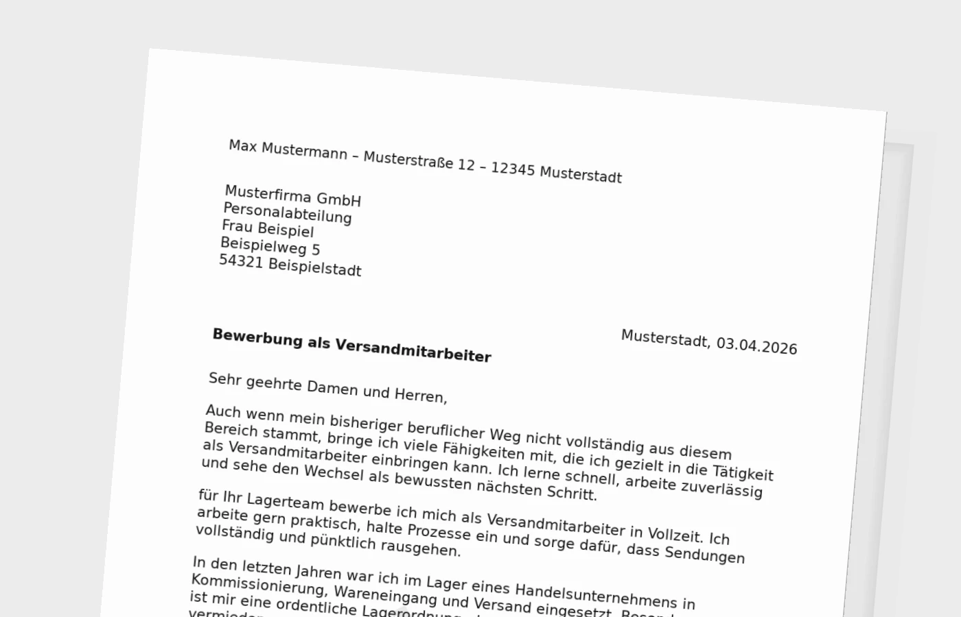 Bewerbungsanschreiben Versandmitarbeiter für Quereinsteiger