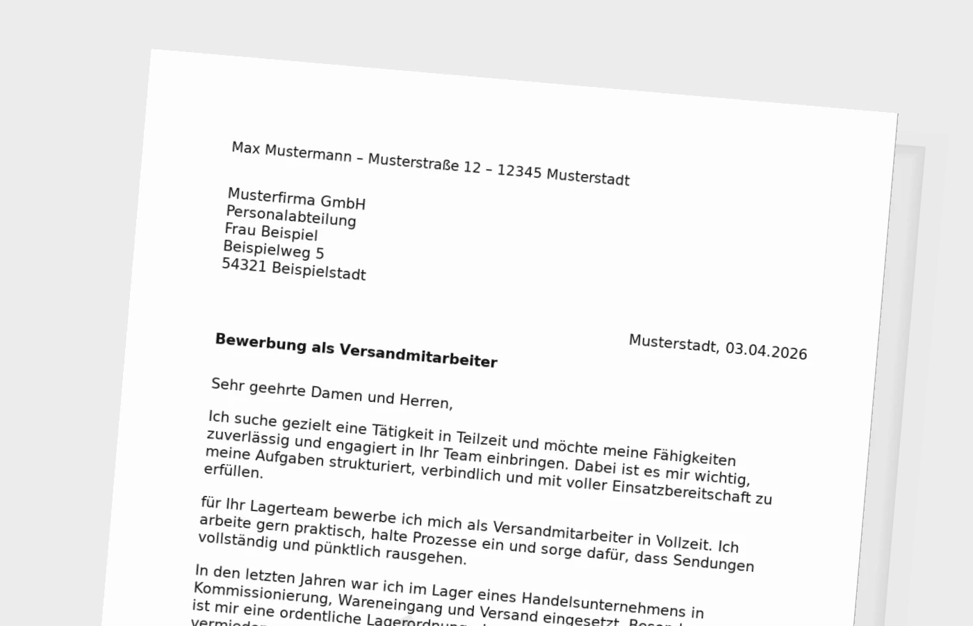 Bewerbungsanschreiben Versandmitarbeiter in Teilzeit