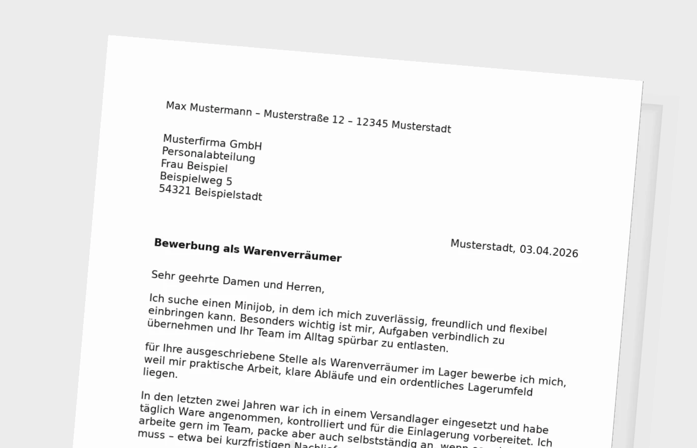 Bewerbungsanschreiben Warenverräumer für Minijob