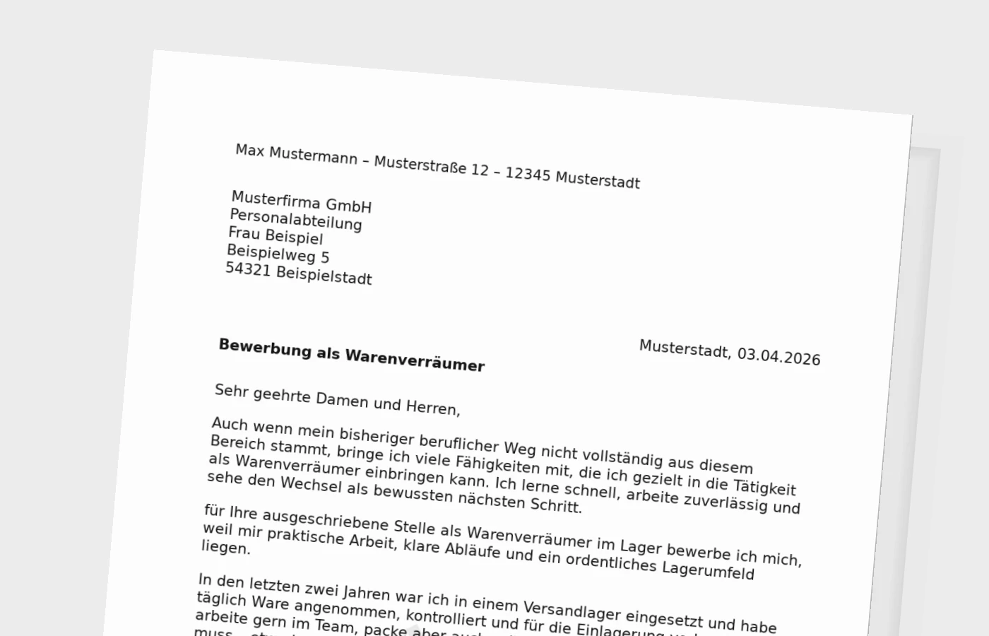 Bewerbungsanschreiben Warenverräumer für Quereinsteiger