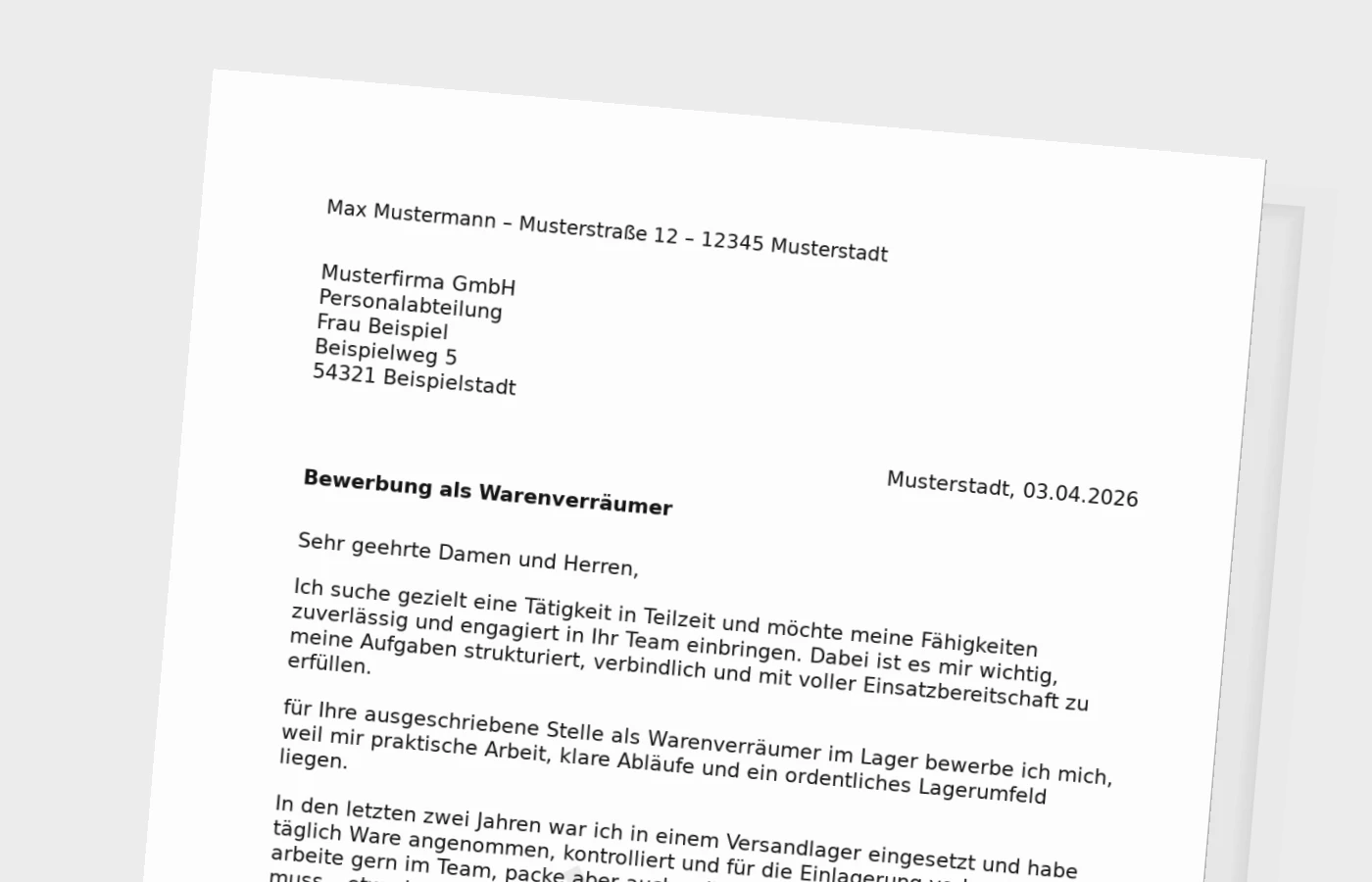 Bewerbungsanschreiben Warenverräumer in Teilzeit