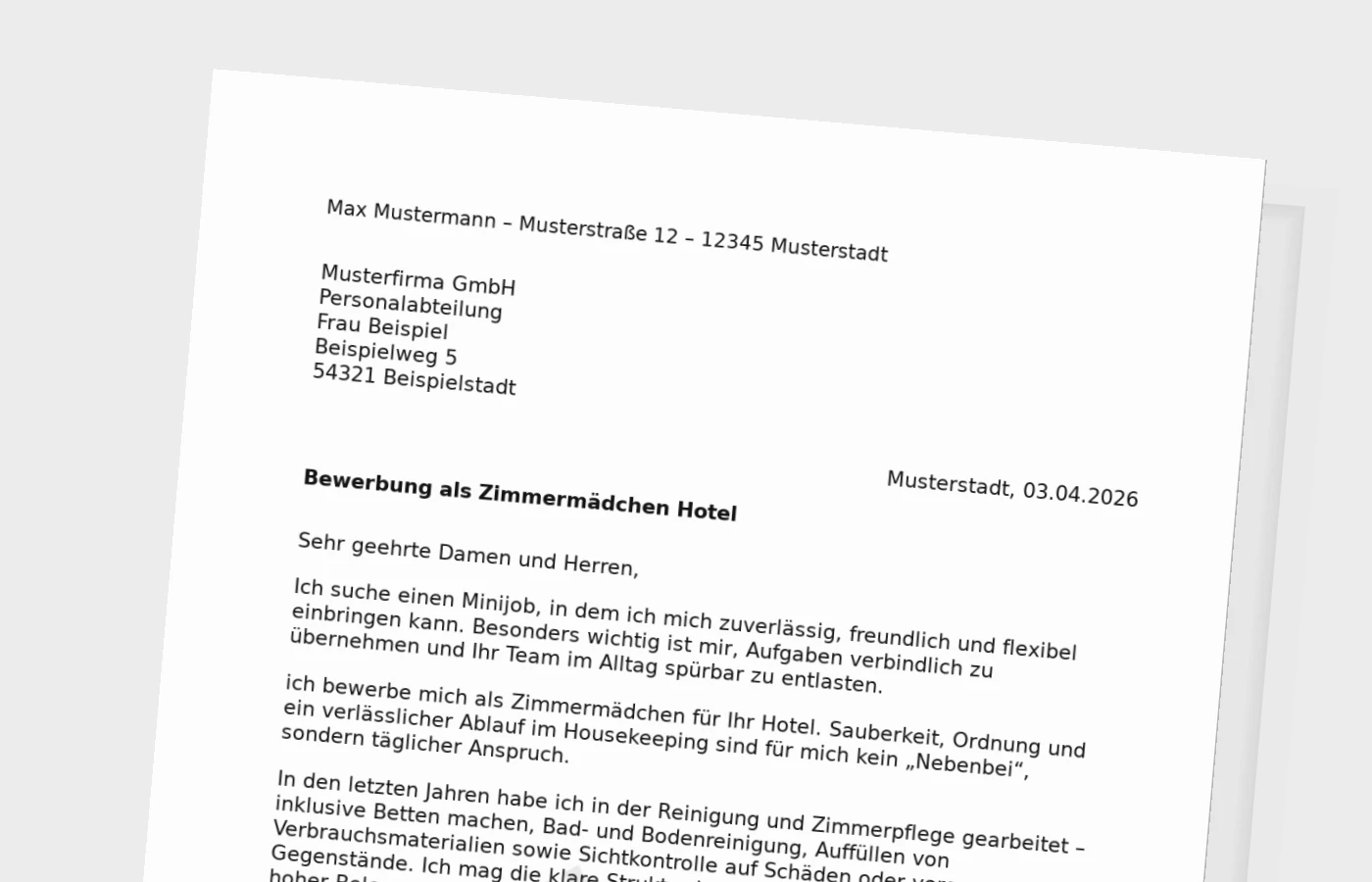 Bewerbungsanschreiben Zimmermädchen im Hotel für Minijob