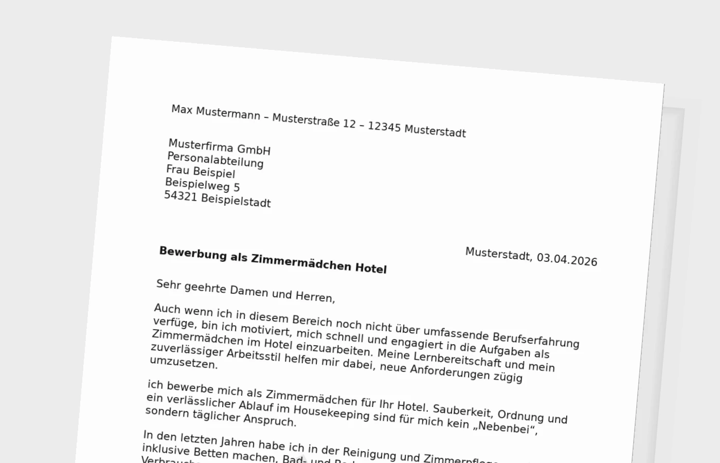 Bewerbungsanschreiben Zimmermädchen im Hotel ohne Erfahrung