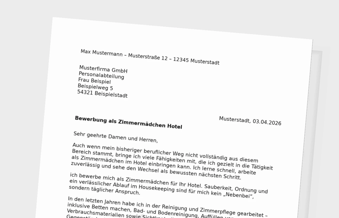 Bewerbungsanschreiben Zimmermädchen im Hotel für Quereinsteiger