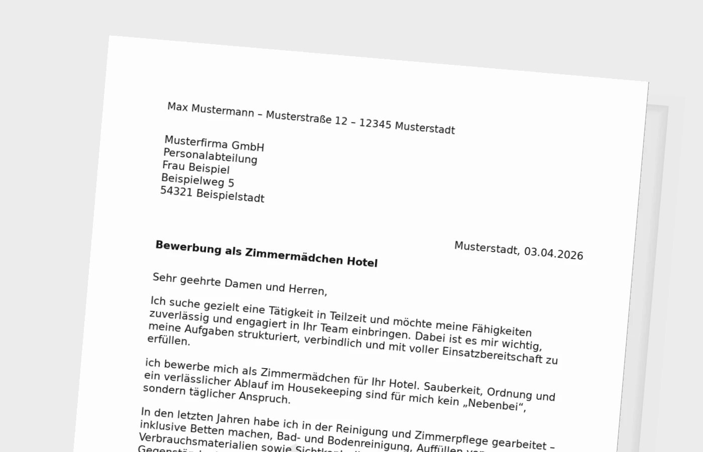 Bewerbungsanschreiben Zimmermädchen im Hotel in Teilzeit