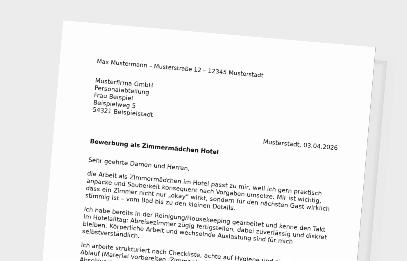 Anschreiben als Zimmermädchen im Hotel (Standard)