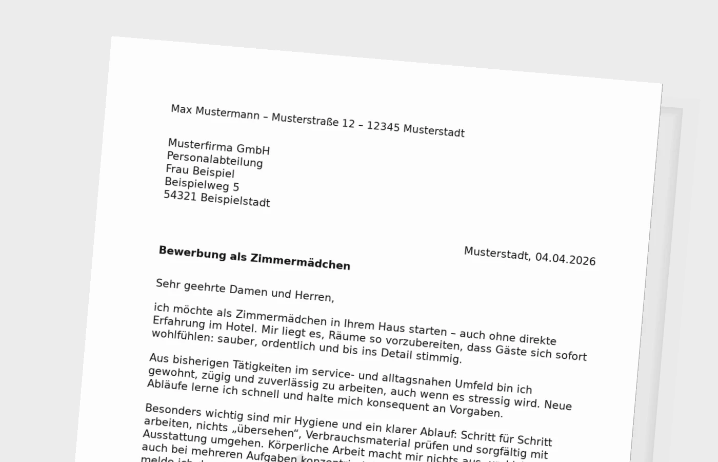 Anschreiben als Zimmermädchen ohne Erfahrung