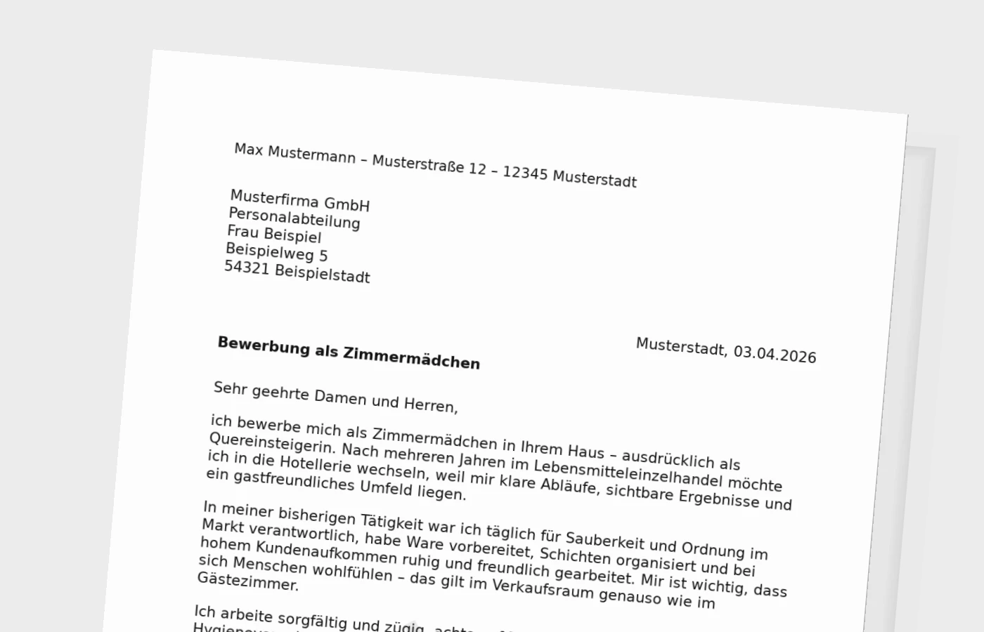 Bewerbungsanschreiben als Zimmermädchen (Quereinstieg)